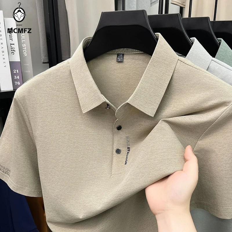 Cool Touch Melange Knit Polo Tee Male Three Button Lapel Sleeve Side Print Stretch Breathable Anti Sweat Walking Apparel