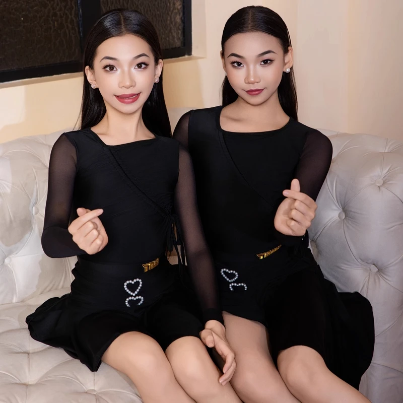 جديد أسود اللاتينية الرقص الزي الفتيات طويلة الأكمام أداء دعوى تشا تشا رومبا ممارسة ارتداء طفل ملابس التدريب اللاتينية VDL4518