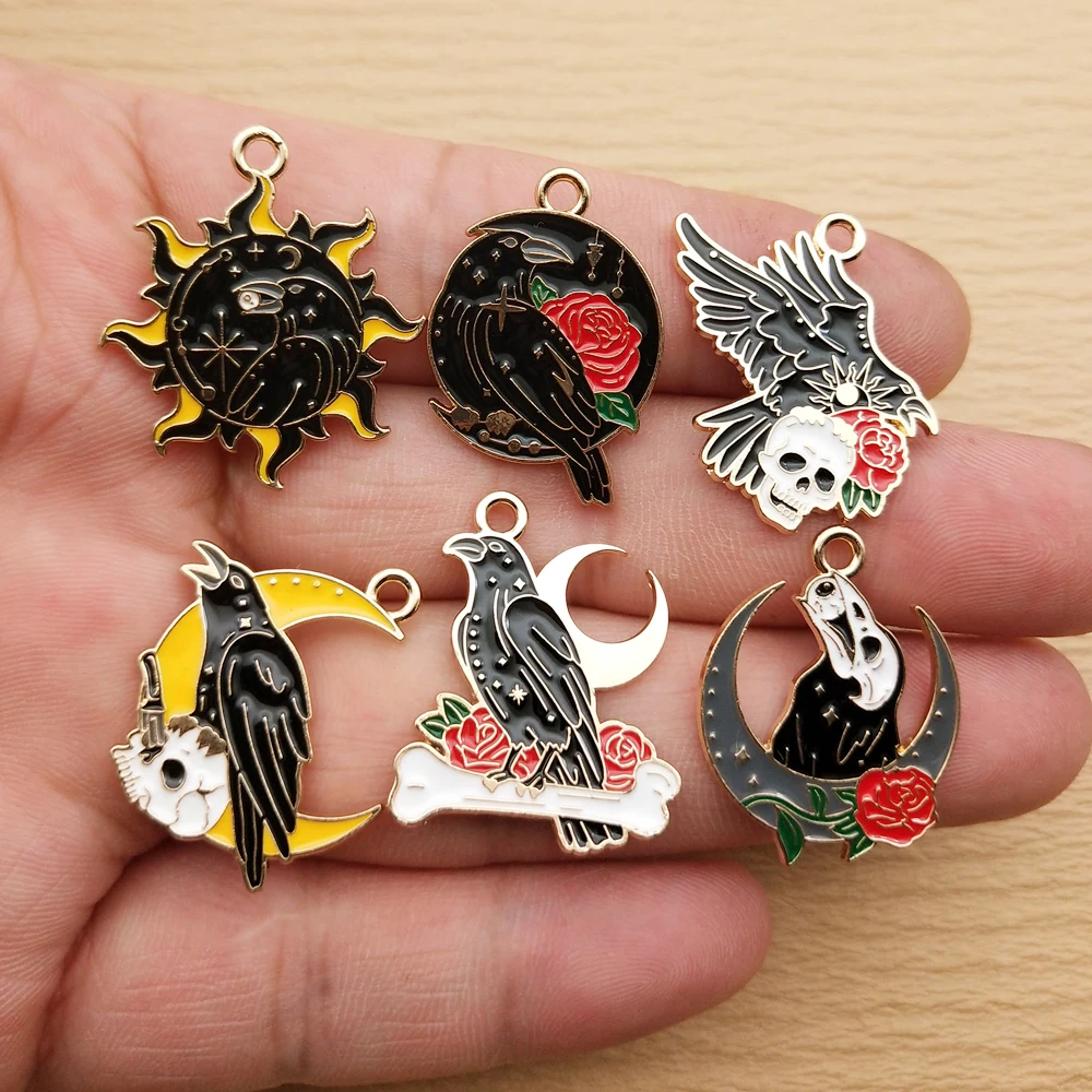 10pcs Sun Moon Crow Charm for Jewelry Making Enamel Necklace Earring Bracelet Pendant Diy Accessories Alloy Metal Gold Plated
