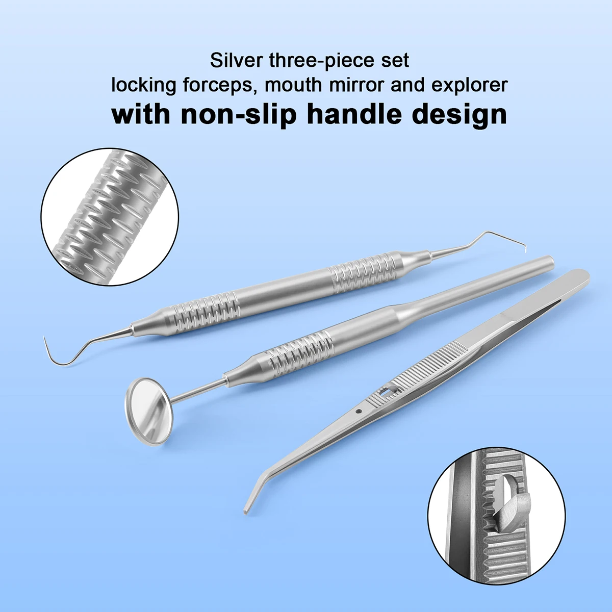 3-teiliges Set AZDENT Dental-Mundreinigungswerkzeug Zahnschaber Mundspiegel Pinzette Sondenspatel Edelstahl Zahnarztinstrument – Detail 2
