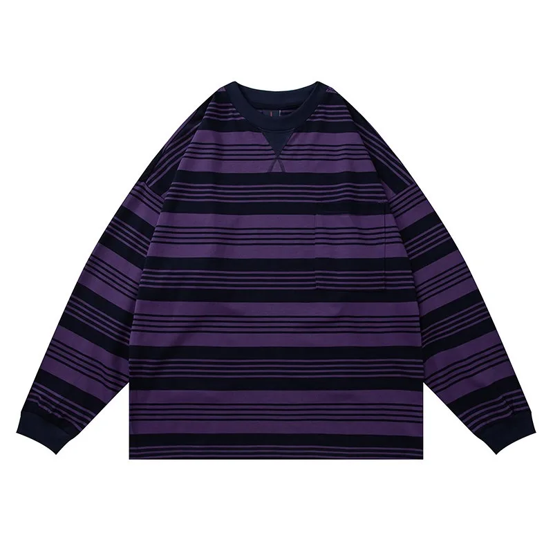 Japanese Retro Striped Elastic Loose Long Sleeved T-shirt for Men and Women Casual Trendy Tees