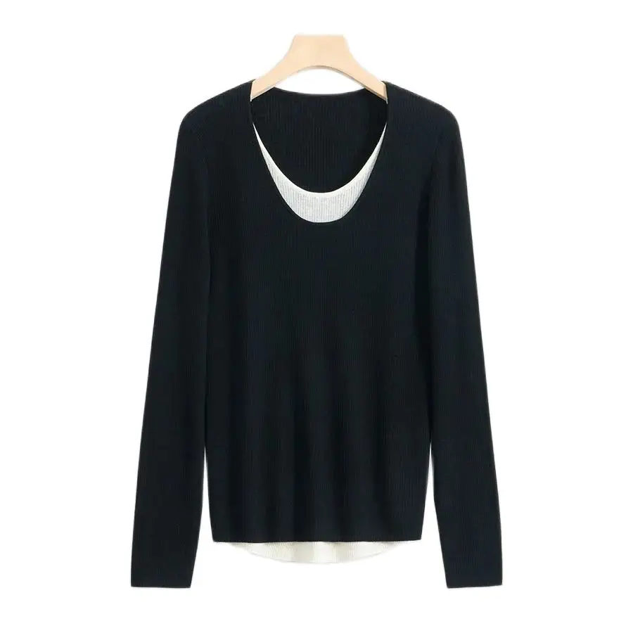 BirdTree, 31.1% Wool Elegant Knitwear, Women Long Sleeve Fake 2Pieces, Casual Commute Slim Tops, Autumn Winter New Tees T48037QM