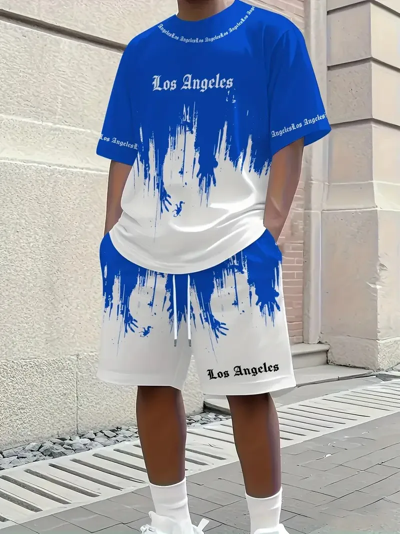 

2025 Summer New Men's Shorts + T-shirt Set 3D gradient printed sporty and fashionable short-sleeved 2-piece set