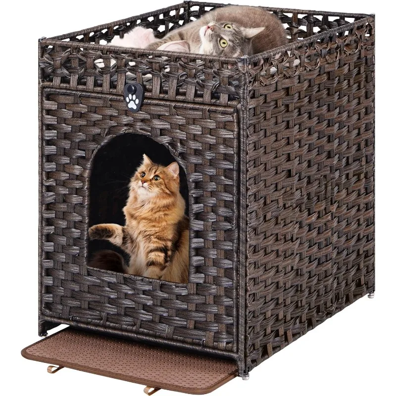 Litter Box Enclosure Furniture Hidden with  Litter Mat, Hidden  Washroom Furniture with Door, Handwoven Rattan