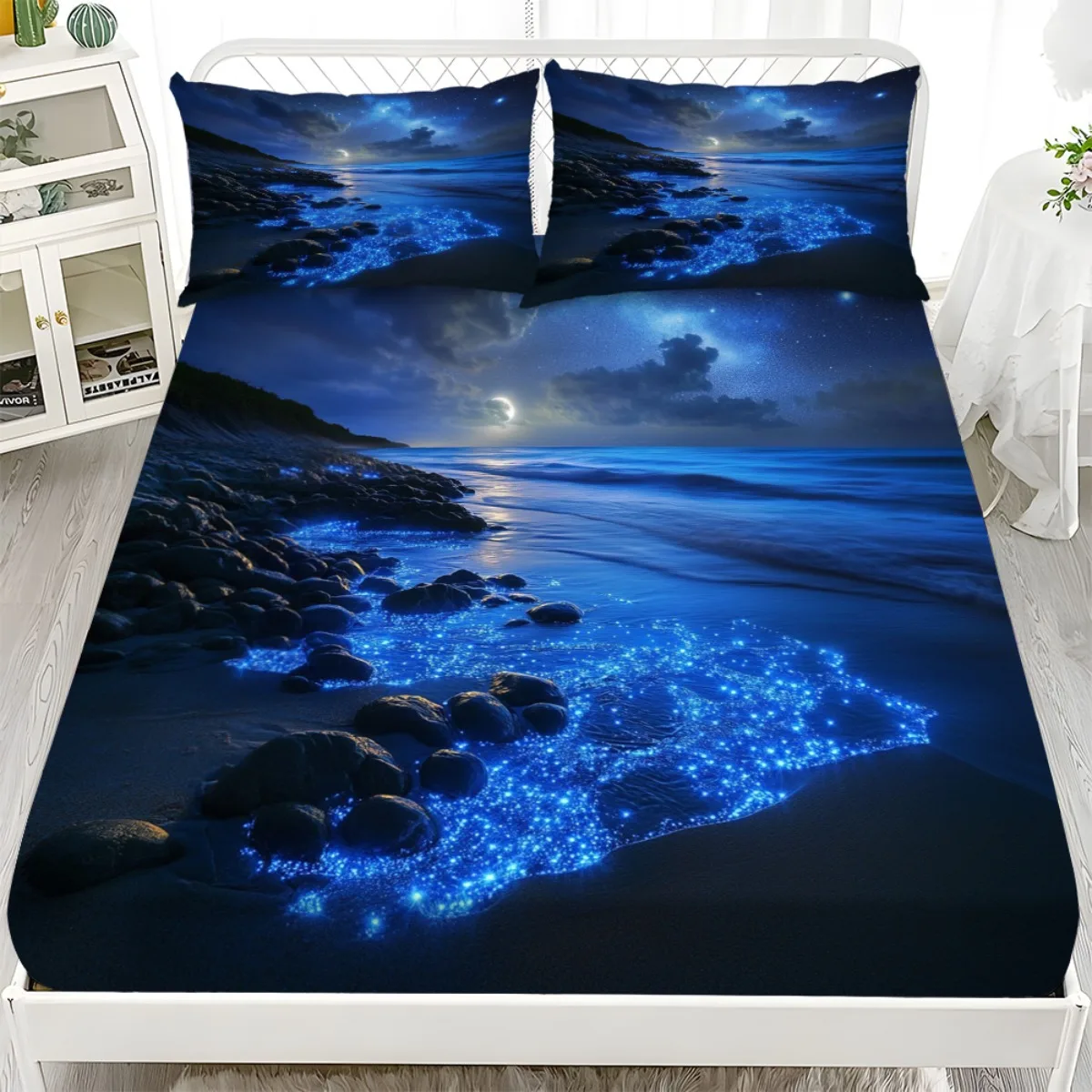 

Blue Beach Fitted Sheet Bedding Set - 3PCS Mattress Protector (1*Fitted Sheet + 2*Pillowcases, No Insert), Fashionable, Soft