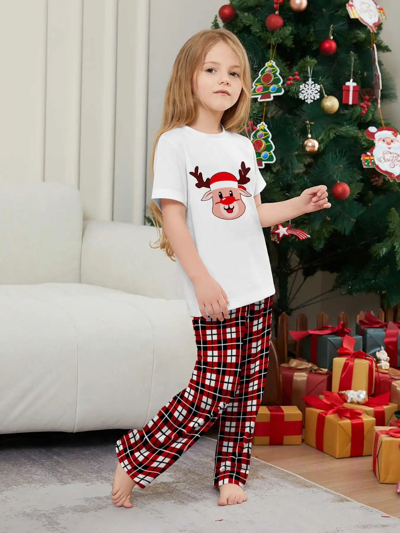 Cute Elk Print Family Christmas Pajamas Set Short Sleeve O Neck Top+Long Pants 2 Pieces Suit Casual Soft Sleepwear Xmas Look Pjs