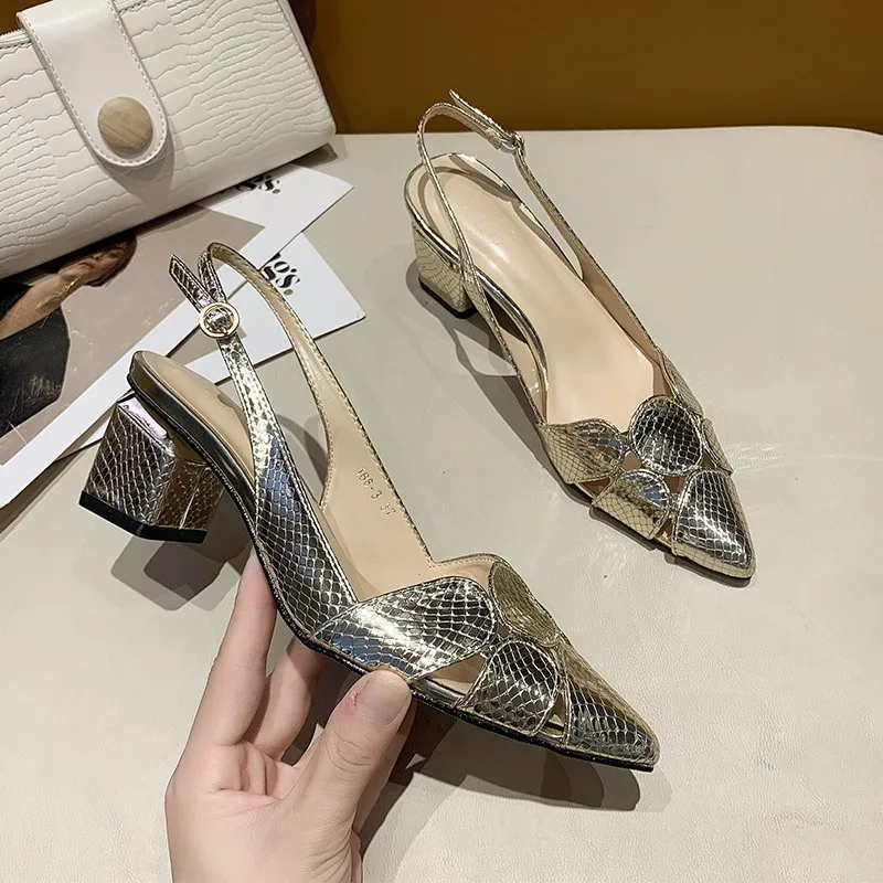 Pointed Toe Women Shoes 2024 Summer New Women\'s Slingbacks Sandals Comfortable Square Heel Fashionable Hollow Ladies Shoes