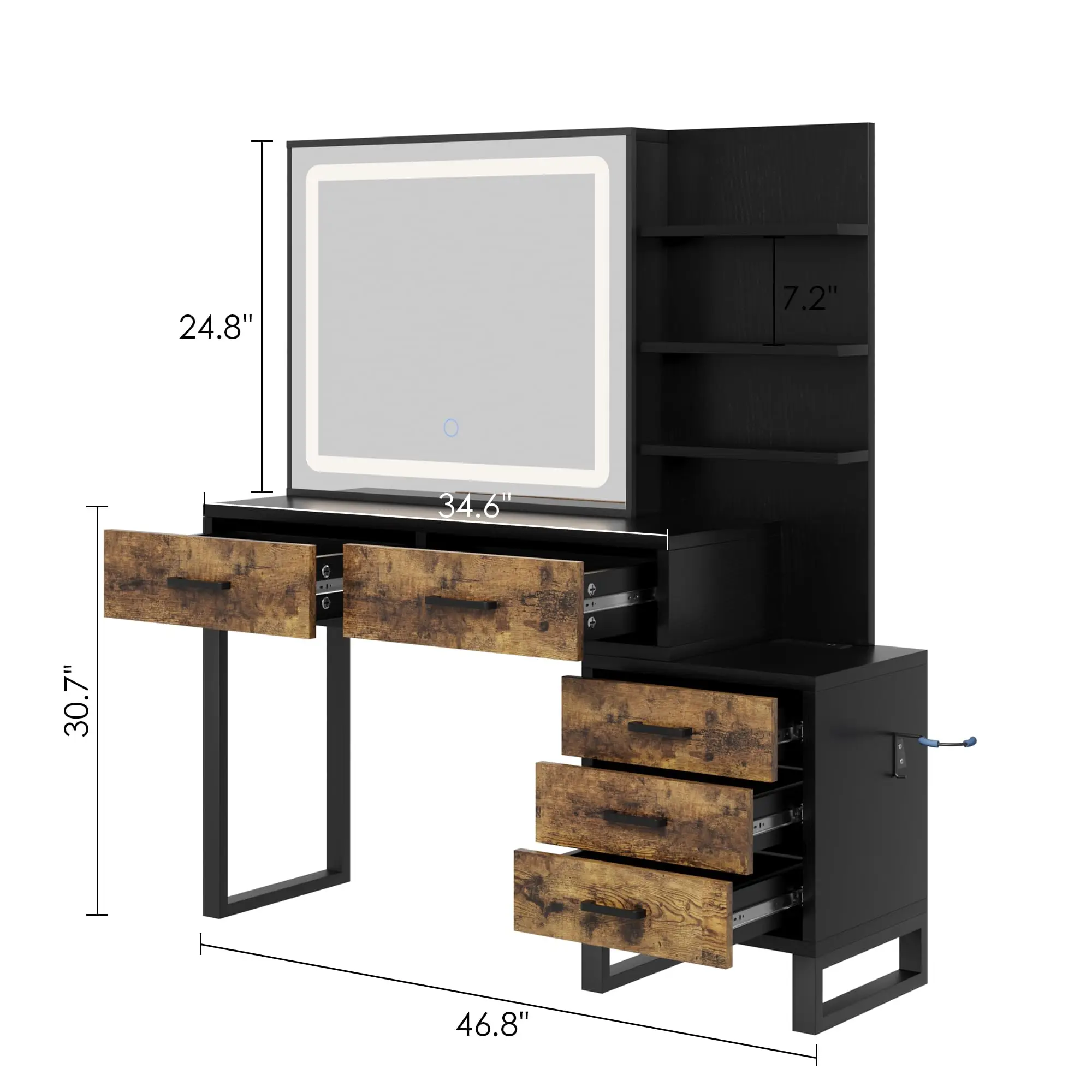 Large Wooden Makeup Vanity Desk with Lighted Sliding Mirror, USB Charging Station & Storage – Rustic Farmhouse Dresser for Bedroom