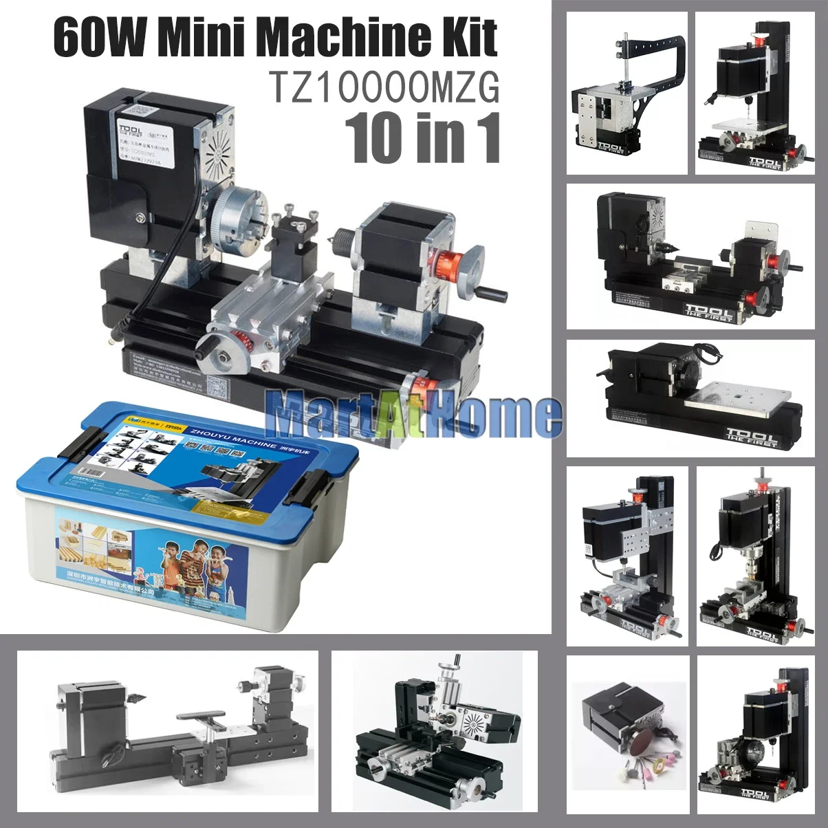 

60W Metal 10 in 1 Mini Machine Kit with Bow-arm TZ10000MG Lathe,Wood-turning,Jigsaw,Drilling,Milling,Sanding,Hand-held Machine