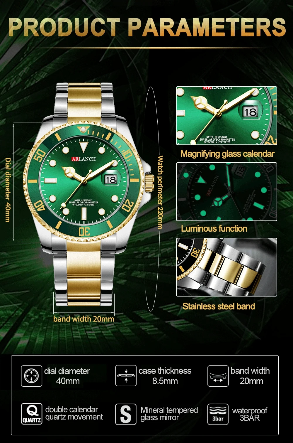 ARLANCH 305 Orologio al quarzo da uomo verde acqua fantasma di lusso Orologio al quarzo da uomo sportivo con calendario luminoso notturno impermeabile