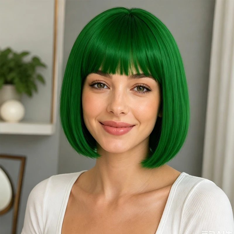 Trendy 12-inch wig with full, straight bangs made of synthetic material, perfect for fashion enthusiasts.