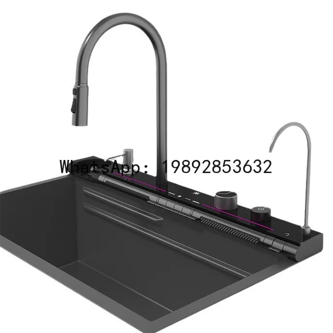 LYY 304 Stainless Steel Kitchen Single Bowl Piano Touch Nano Honeycomb Digital Display Rainfall Adjustable Waterfall Sink