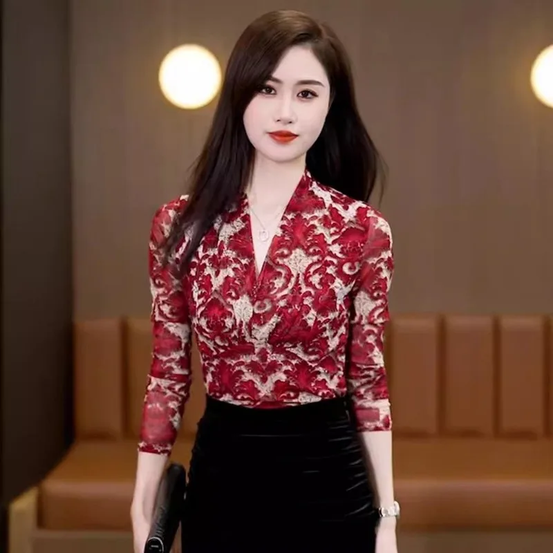 

Design Sense Женская мода Тонкий Простота Элегантный тренд Сексуальный темпераментный принт с длинным рукавом с v-образным вырезом Летние новые стильные топы