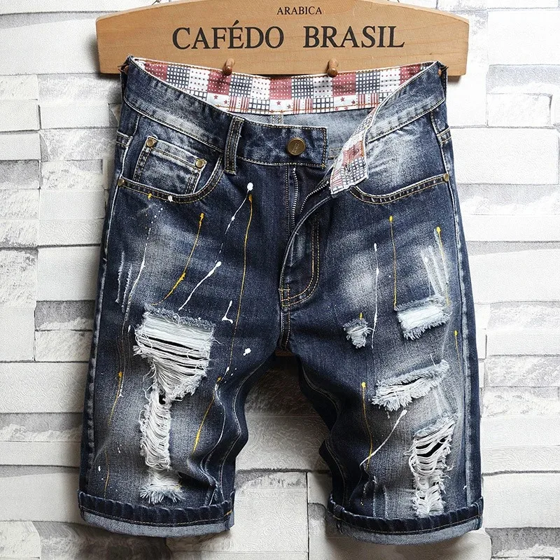 Men Retro Holes Denim Shorts Men Summer Ripped Straight Fit Shorts Jeans Men Patch Knee Length Cowboy Jeans Shorts Size 40