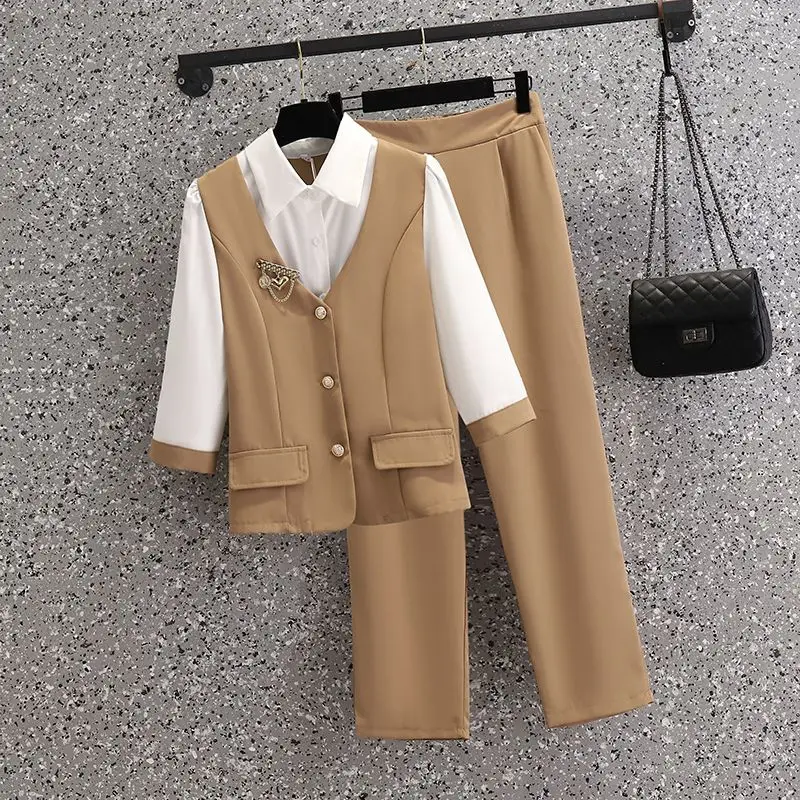 Spliced Short Sleeved Chiffon Shirt Casual Wide Leg Pants Two-piece Elegant Women's Pants Set Summer Office Outfits Clothing