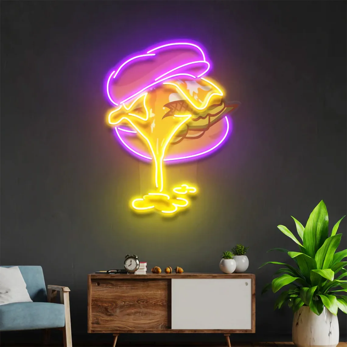 Hamburger Neon Sign UV Printed Burger Neon Fast Food Neon Coffee Shop Restaurant Bar Decor Shop logo Decor