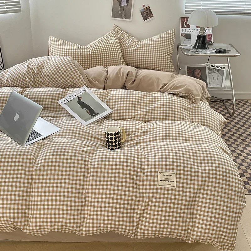 Japanese Style Check Queen Duvet Cover Set 1/3 Pcs Soft Washed Quilt Cover and Pillowcase or Only Quilt Covers Blanket Cover Set