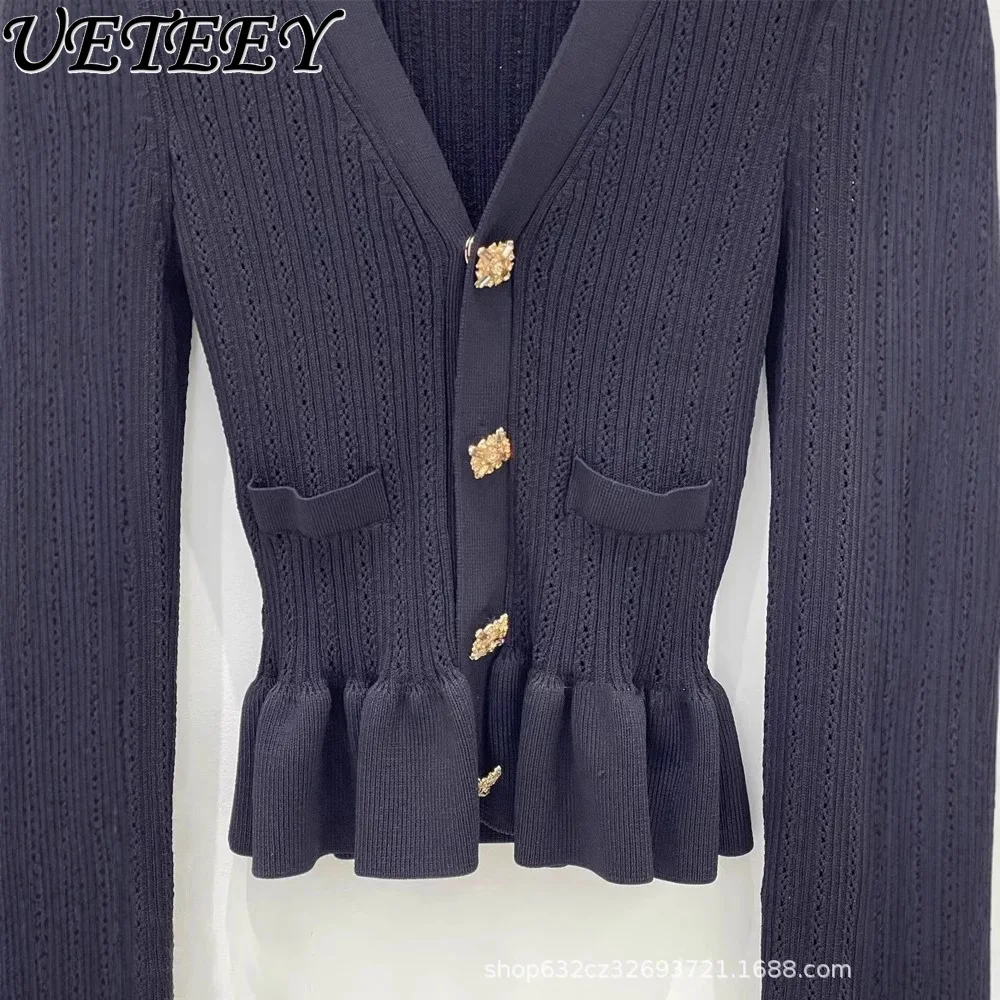 Early Autumn New Knitted Sweater Women's High-end Temperament Thin V-neck Top French Metal Buckle Temperament Cardigan