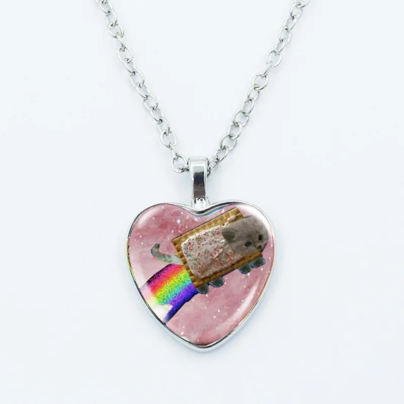 Kreative lustige Katzen-Memes-Herz-Anhänger-Halskette, Tierform, Kunstfoto, Glas-Cabochon-Schmuck, für Kinder und Frauen
