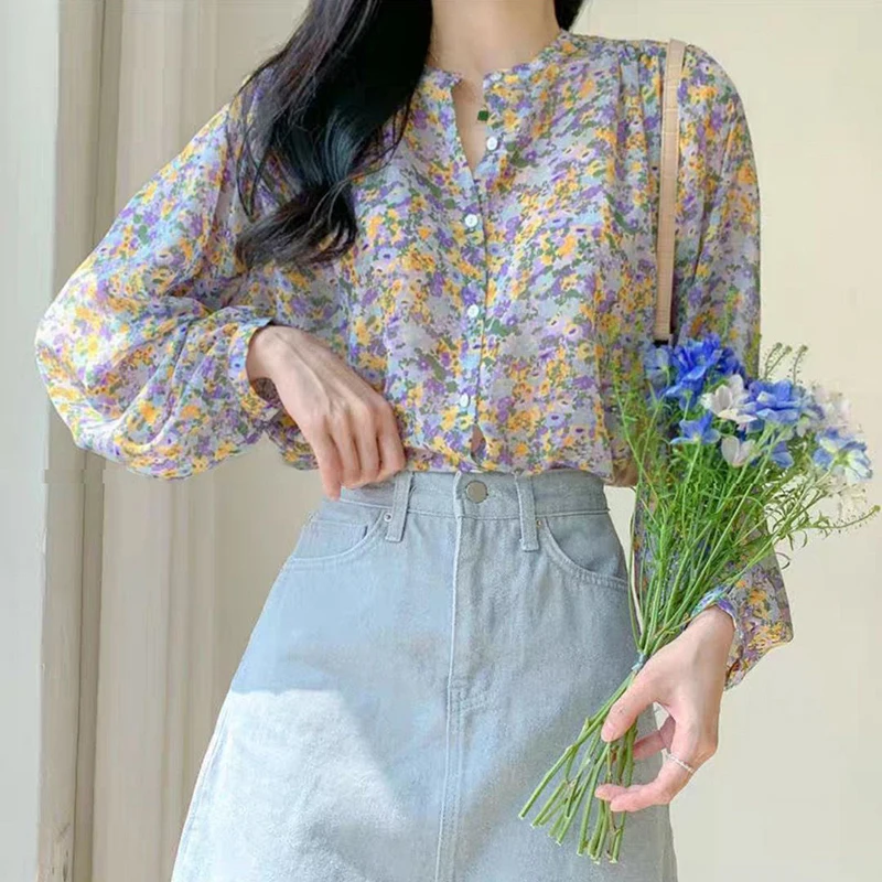 Floral Print Women Chiffon Shirts Korean Elegant Loose Long Sleeve Female Blouse Autumn Retro All Match Ladies Tops