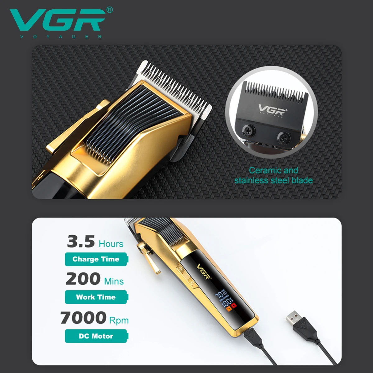 VGR 177 หัวน้ํามันแกะสลักไฟฟ้า PUSH Clipper USB ชาร์จผม Trimmer โลหะ LCD ไฟฟ้าปรับผม Clipper