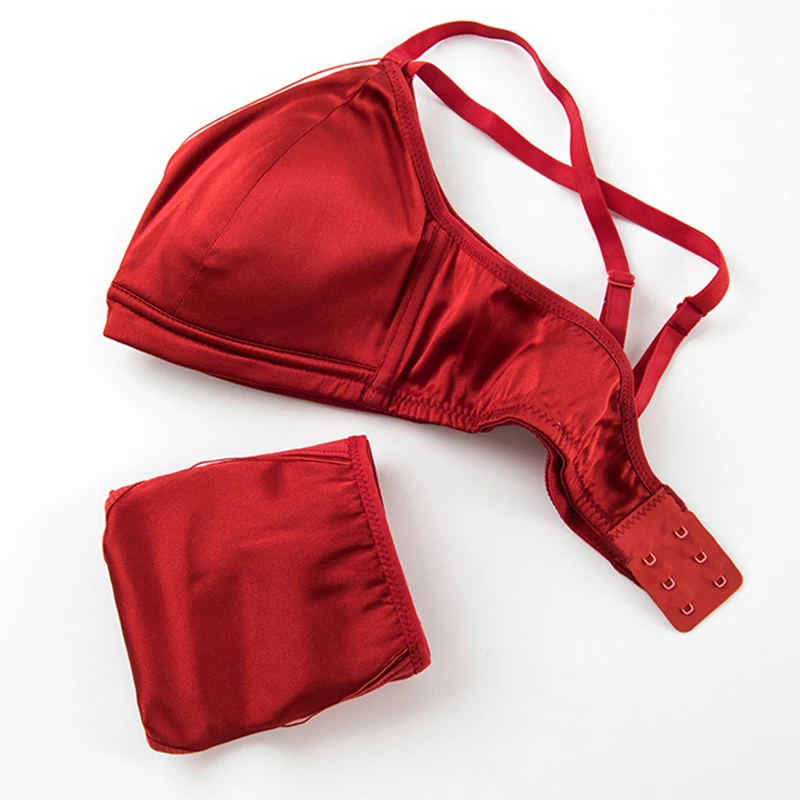 Women Silk Bra Set Red Color 100% Natural Silk Lining Thin Type Wireless Wire Free Bra With Panties Underwears Comfortable TG243