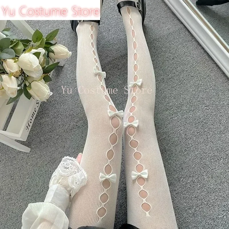 

Yu Lolita Cosplay Girls Bowknot Hollow Out Pantyhose Sexy Ins Tide Lace Tights Anime Socks Black White Fishnet Silk Stockings