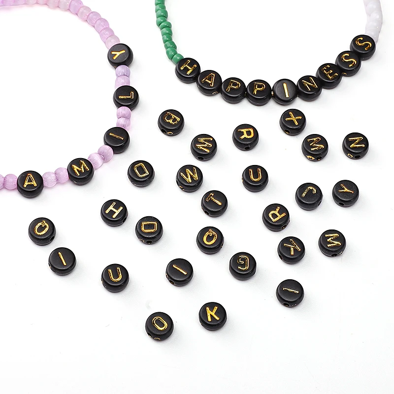 50pcs 4x7mm Black Flat Round Gold Color A-Z Alphabet Letter Acrylic Loose Spacer Beads for Jewelry Making Diy Bracelets Findings