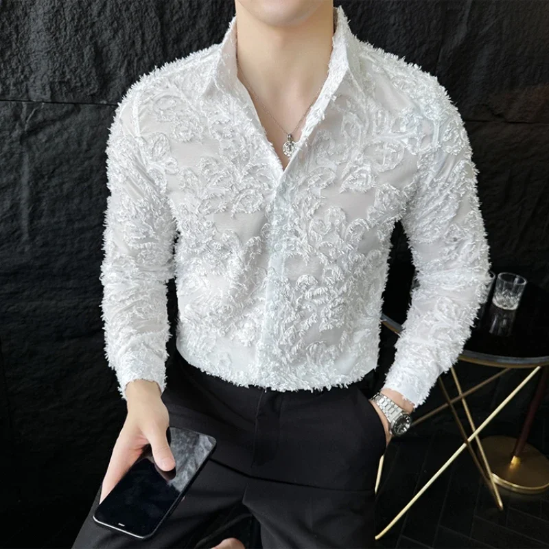 Sexy Hollow Out Shirt Men Fashion Long Sleeve Shirts Nightclub Stage Performance Costumes Casual Social Tuxedo Streetwear Blouse