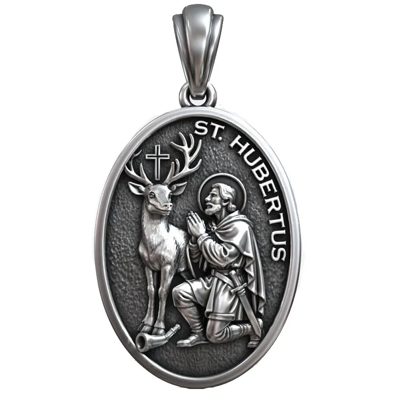 10.3g medalha saint hubert pingente cristão caça patrono medalhão personalizado 925 sólido esterlina prata ouro pingente