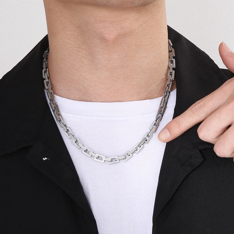 Fongten Hip Hop Double Layer Chain Men's Necklace Silver Color Stainless Steel Hollow Square Blade Chain Trendy Necklace For Men