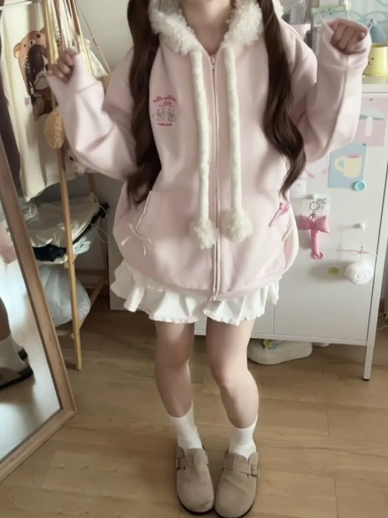 Kawaii Hooded Coat Women Zipper Jacket Cute Embroidery Pink Sweatshirts Y2k Hoodie Girl Lovely Overcoat New Clothing Spring Fall