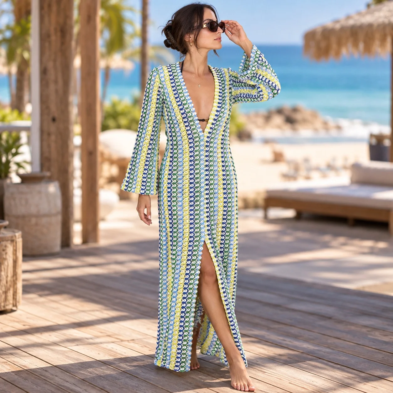One Hollow Out Dress High Waist Resort Wear with Geometric Pattern Embroidery Loose Waist Elegant Raglan Sleeve Women Swimsuit