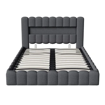 LED Upholstered Double Bed 180x200cm, Hydraulic Functional Storage Bed Frame with Slatted Frame with USB Type C Charging Port