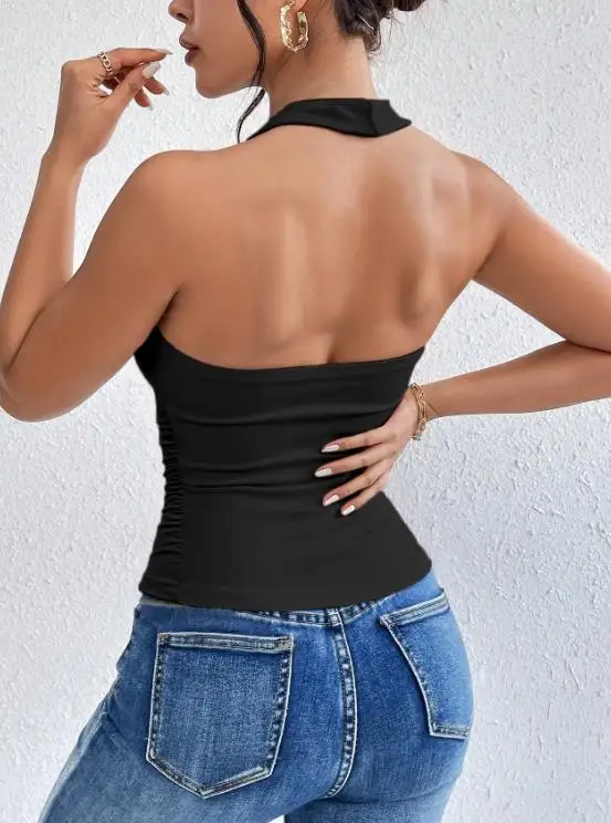 Top Donna Primavera Estate 2026 Nuovo Modello Tinta Unita Sexy con Collo all'Americana, Scollo a V Profondo Intrecciato, Senza Maniche, Schiena Scoperta, Top Basic Quotidiano