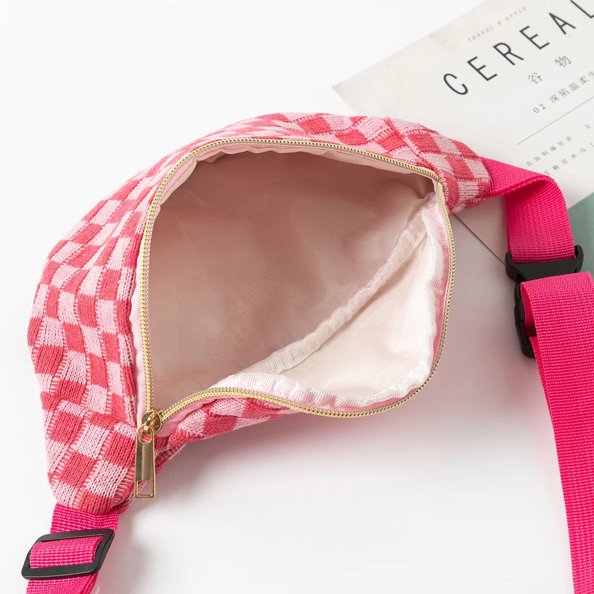 1PC Color-Block Checkerboard Pattern Makeup Bag, Portable Adjustable Shoulder Strap Daily Small Item and Cosmetic Storage Bag