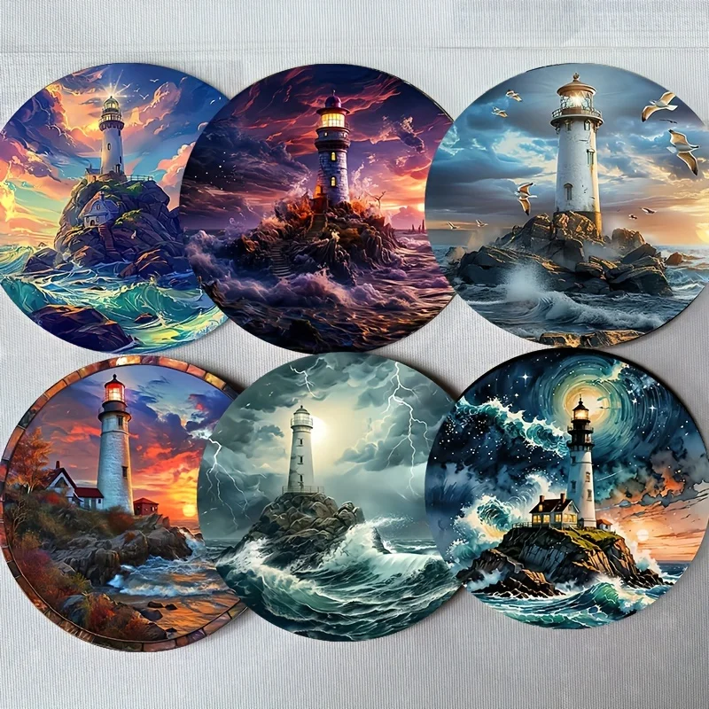 Coastal Lighthouse Theme Wooden Coaster Desktop Protection Home Decor Restaurant Bar Coffee Shop Office Decor 2D 6PCS 10CM