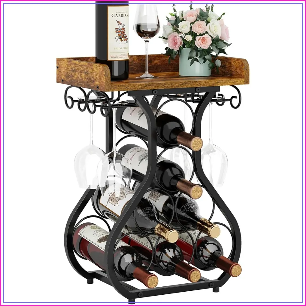 Wine Racks Countertop with Glass Holder, Mini Wine Storage for Kitchen Home Bar, 7 Bottles 4 Glasses, Rustic Wood Top