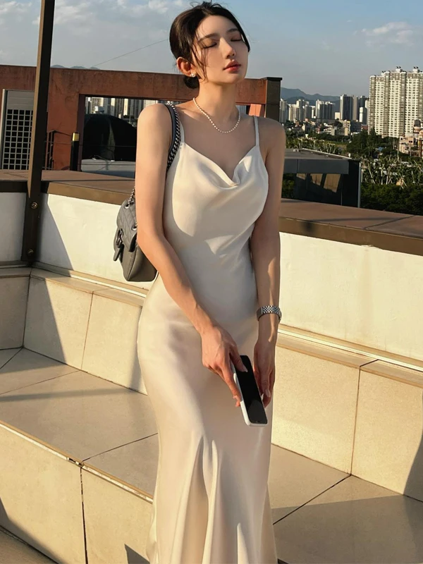 Ele Satin ter Dr Women's Mid-Length Slimming Vintage Sle Commute Friendly Korean Sle High Waist A-Line Dr