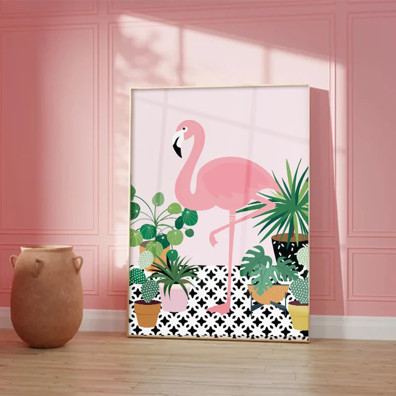 Rosa Flamingo und bunte Pflanzen Druck Poster Bohemian Home Tier Blume Wandbild Wohnzimmer Dekoration Leinwand Malerei