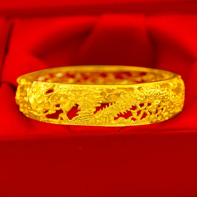 

24k gold plated fashionable wide buckle Double Happiness Dragon Phoenix Bracelet Exquisite Bridal Wedding Imitation Gold Jewelry