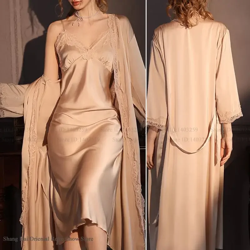 

Сексуальный элегантный свадебный длинный халат для невесты, комплект ночного платья, весенне-осенняя новая женская одежда для сна, ночная рубашка, шелковая вискоза, домашняя одежда, домашняя одежда