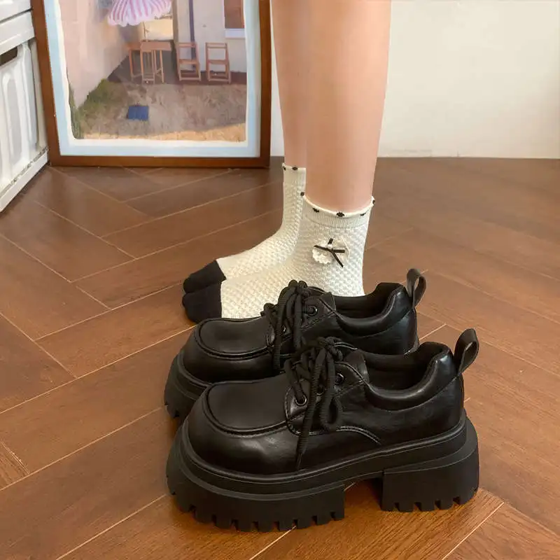 Single shoe women's 2025 spring new women's shoes thick soled high rise British style leather shoes