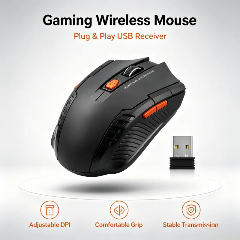 2.4G – Rato ótico sem fios para jogos, design ergonómico, 6 botões, DPI ajustável, com recetor USB para computadores de secretária, portáteis e PC, id
