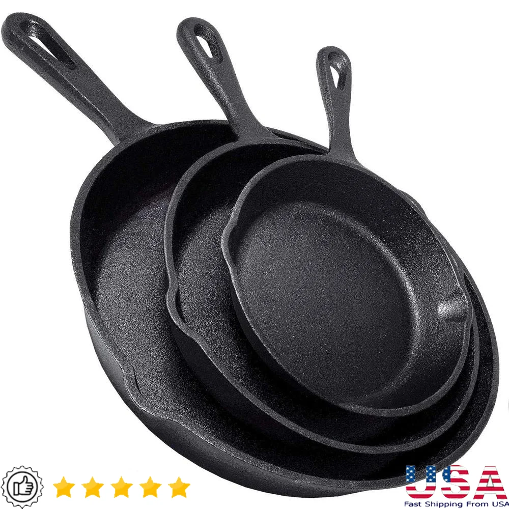 

Heavy Duty Cast Iron Skillet Set 3 Piece Pre-Seasoned Cookware Non Stick Indestructible Heat Retention Multi-Functional Chef