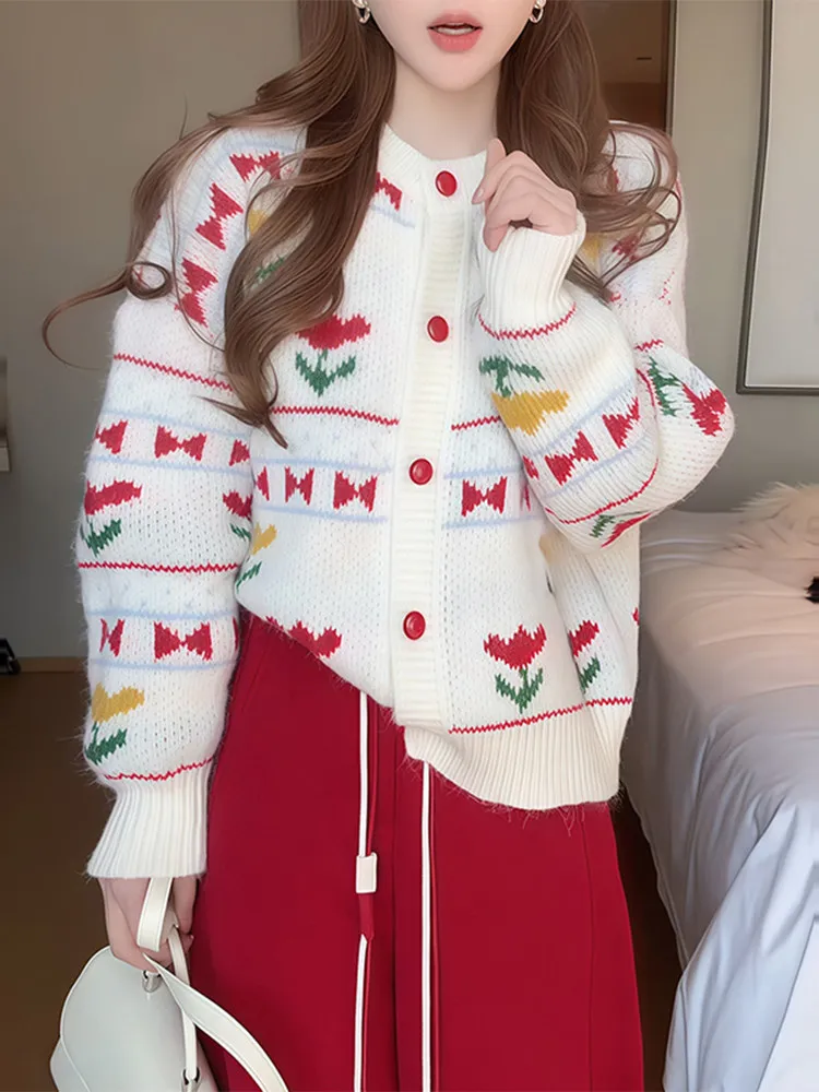 

Мягкий уютный вязаный кардиган с круглым вырезом для женщин, осенне-зимний, свободного кроя, повседневный, с цветочной вышивкой, утепленная верхняя одежда