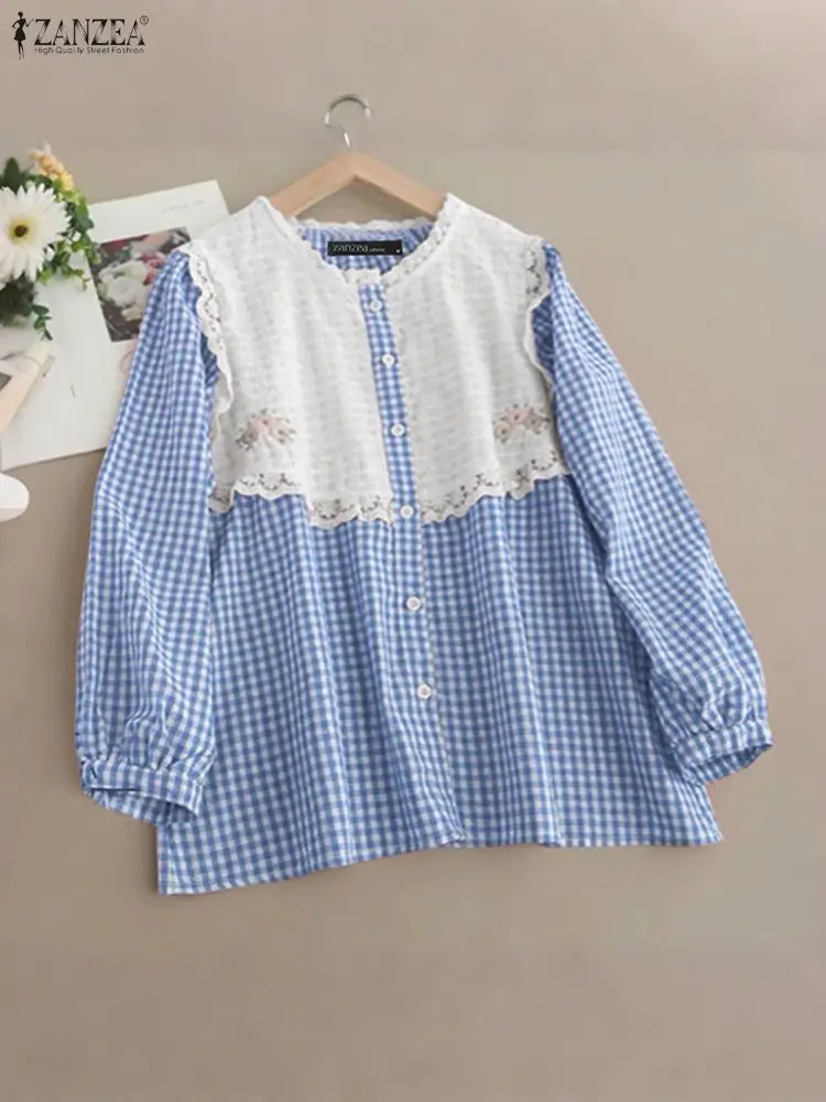 ZANZEA Womens Elegant Lace Patchwork Shirts Casual O-Neck Long Sleeve Embroidered Floral Gingham Blouses Woman Clothing S-3XL