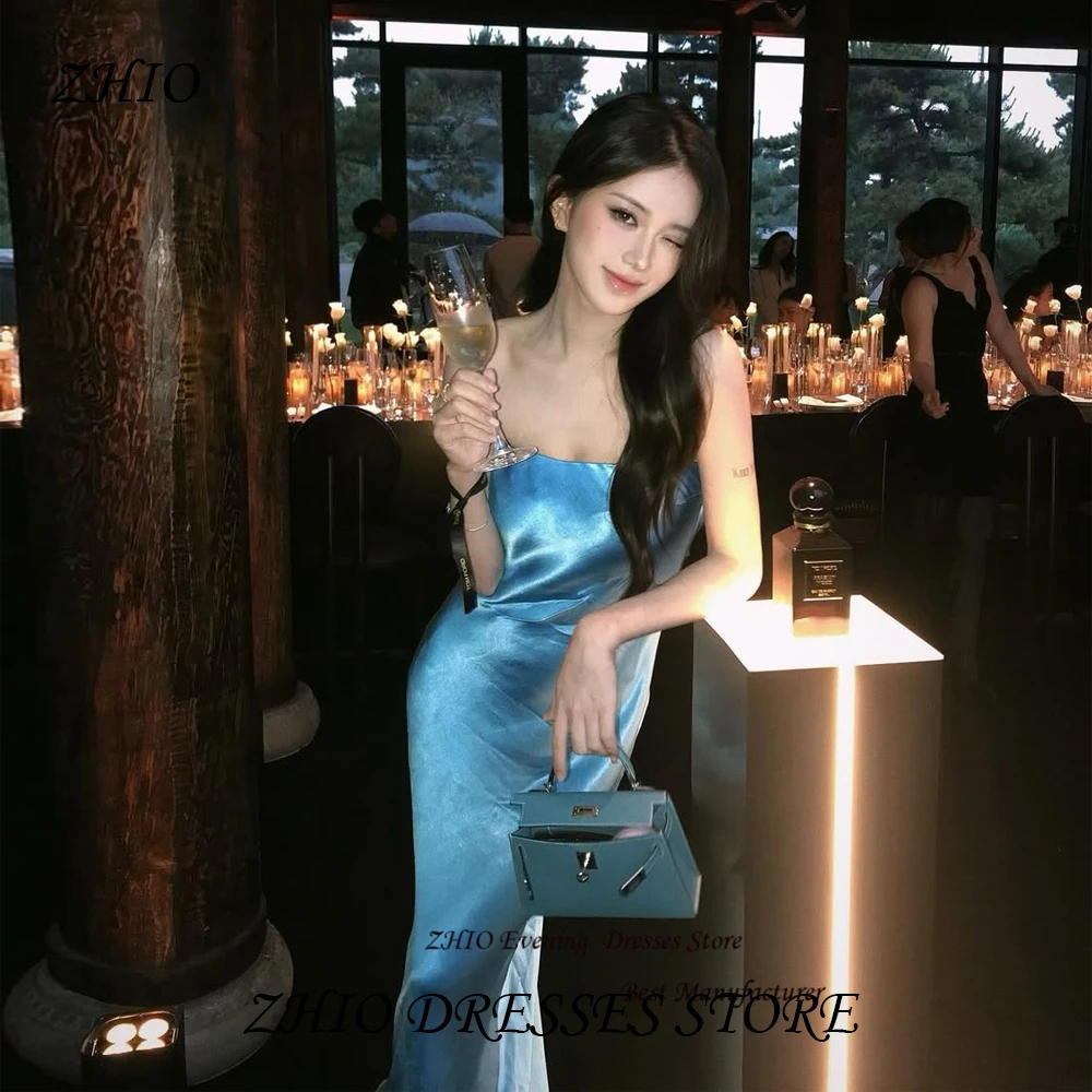 ZHIO Elegant Blue Satin Straight Strapless Evening Gown Dresses Simple Style Floor Length Sleeveless Prom Gowns with Pleated