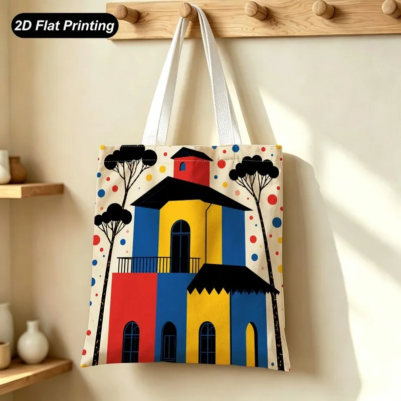 Colorful Geometric Architectural Tree Polka Print Tote Bag Lightweight Student Bag Gift Eco Friendly Handbag Shoulder Daily Use