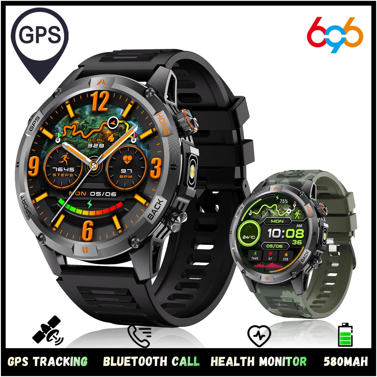 

Smart Sports Watches Outdoor Flashlight Compass GPS Smart Watch Blue Tooth Call IP68 Waterproof Health Smartwatch 580Mah Weather